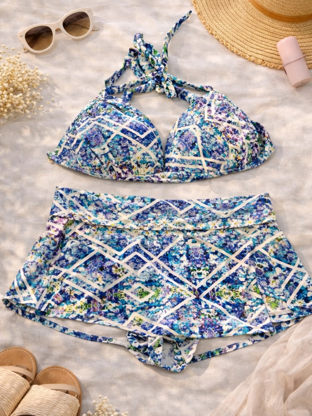 Heat Bikini Set XL NWOT Blue Floral Swim Set Top & Skirted Bottoms